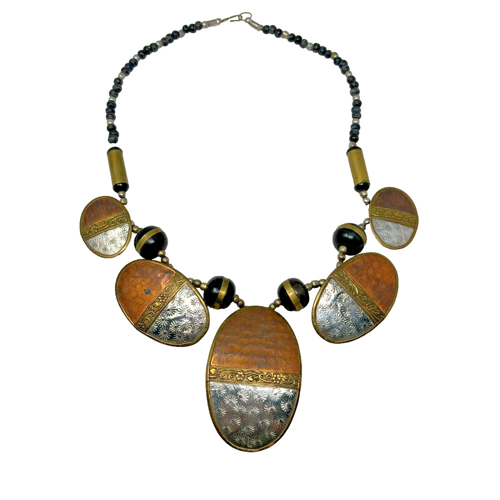 Vintage Copper Brass Silver Necklace Metal MCM Southwest Boho Disks Pendant